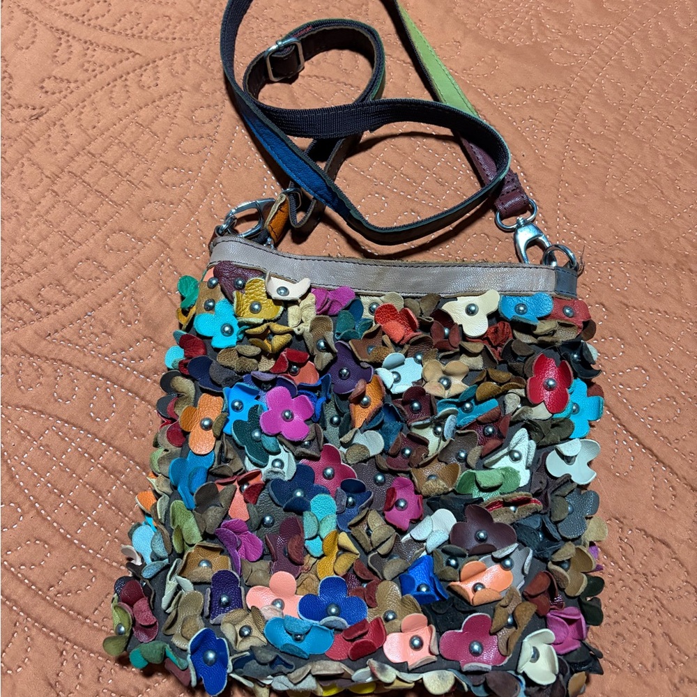 Colorful 3D Leather Flower Crossbody Purse Floral Appliqué Bag
